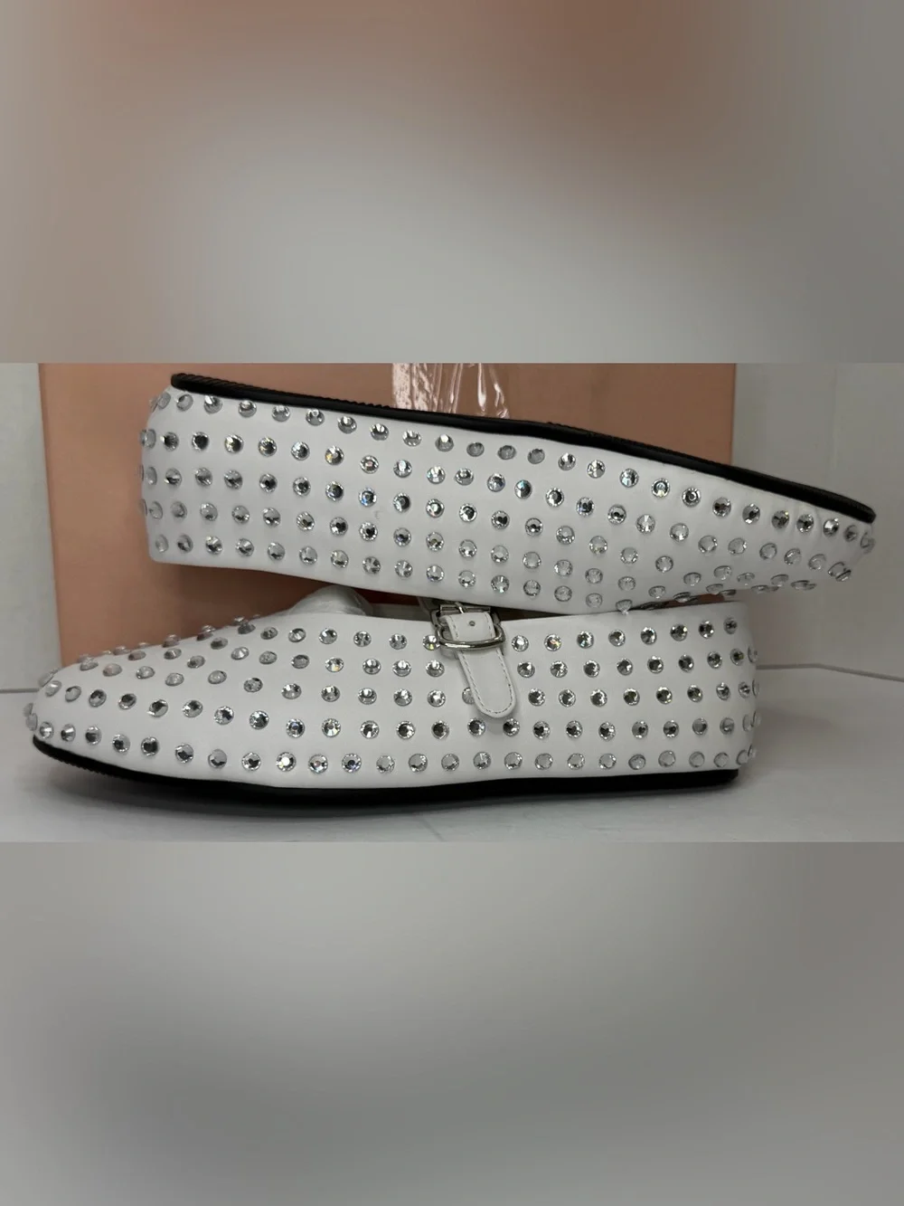 ARQA White Studded Rhinestone Mary Jane Flats Dress Shoes 8.5 NIB